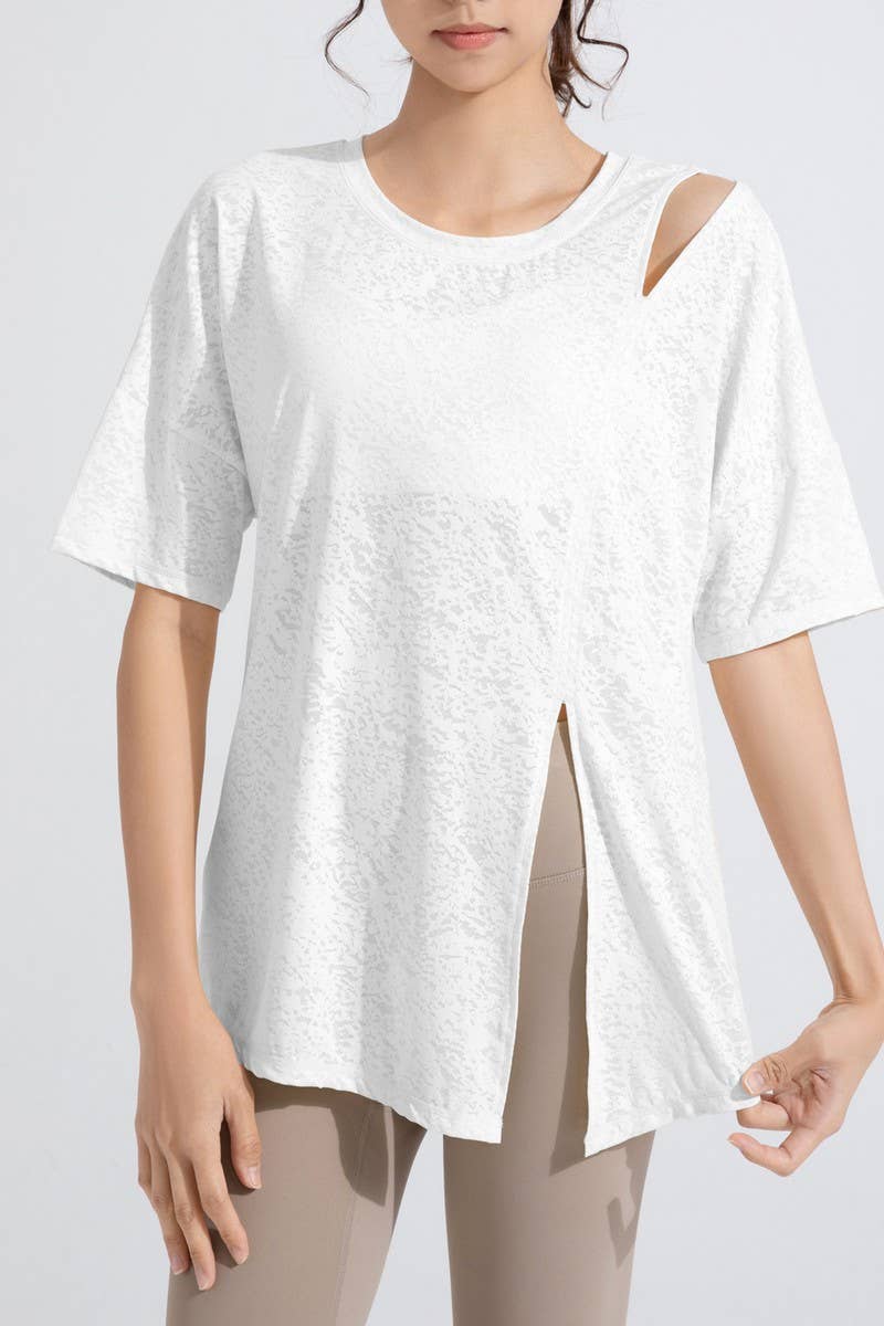 CWTBLS1470_JACQUARD CUTOUT SHORT SLEEVE RUNNING TOP