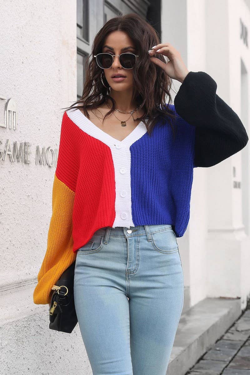 CWOCAL1225_CONTRAST COLOR LONG SLEEVE SHORT KNIT CARDIGAN