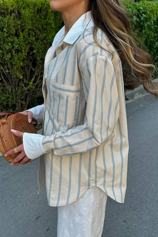 CWTBLL00623_VERTICAL STRIPED CREAM CASUAL LONG-SLEEVED SHIRT