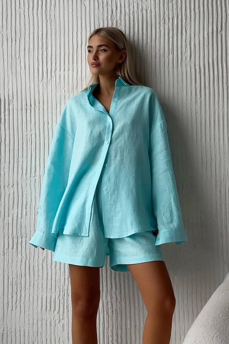 CWSTB00383_COTTON CARDIGAN LONG SLEEVE SHORTS SET