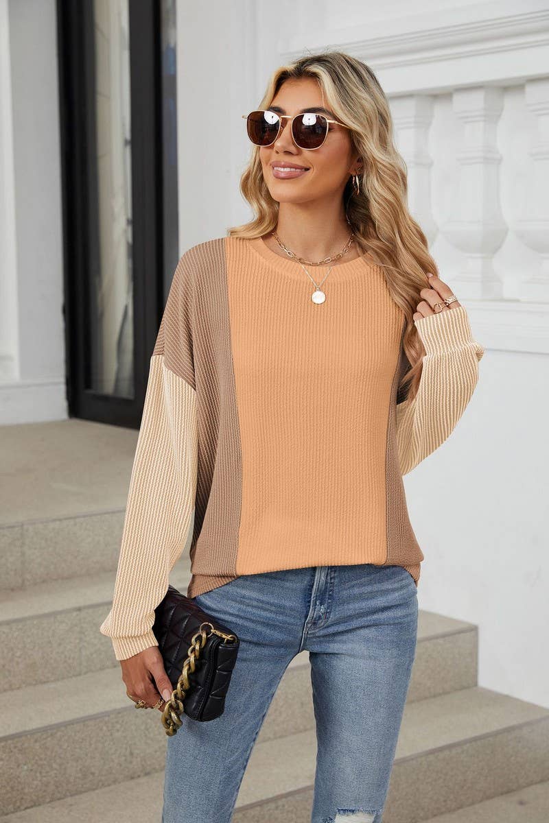 CWTBLL2358_ROUND NECK LOOSE STITCHING LONG SLEEVE TOP