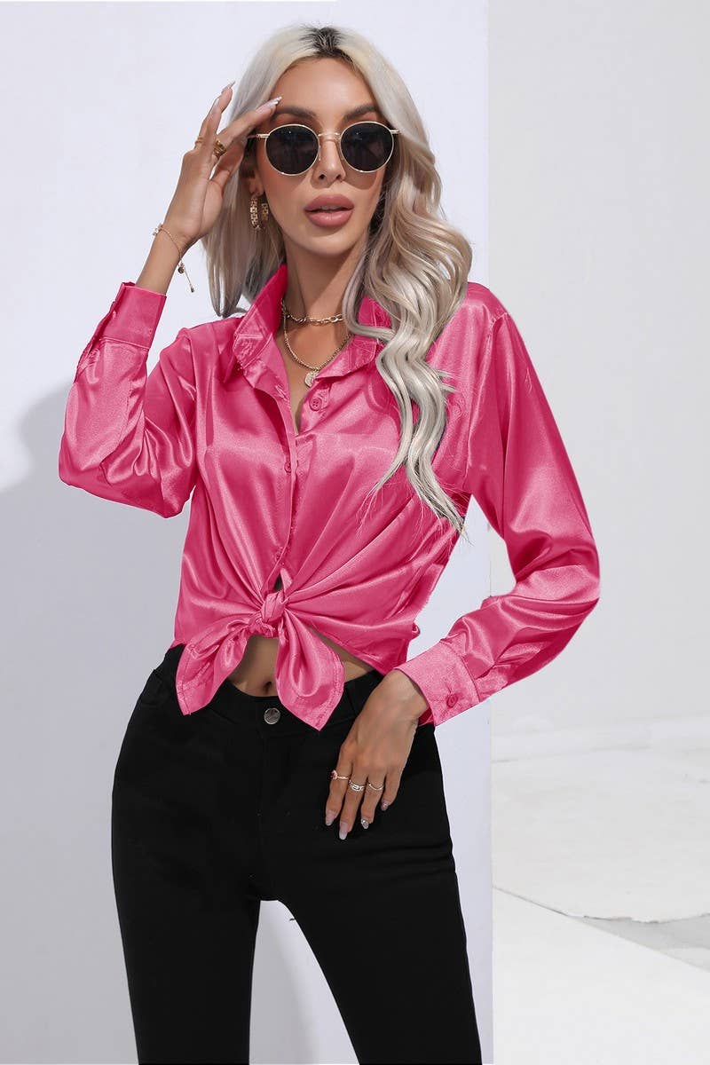 CWTBLL0690_Button Down Silky Satin Long Sleeve Top