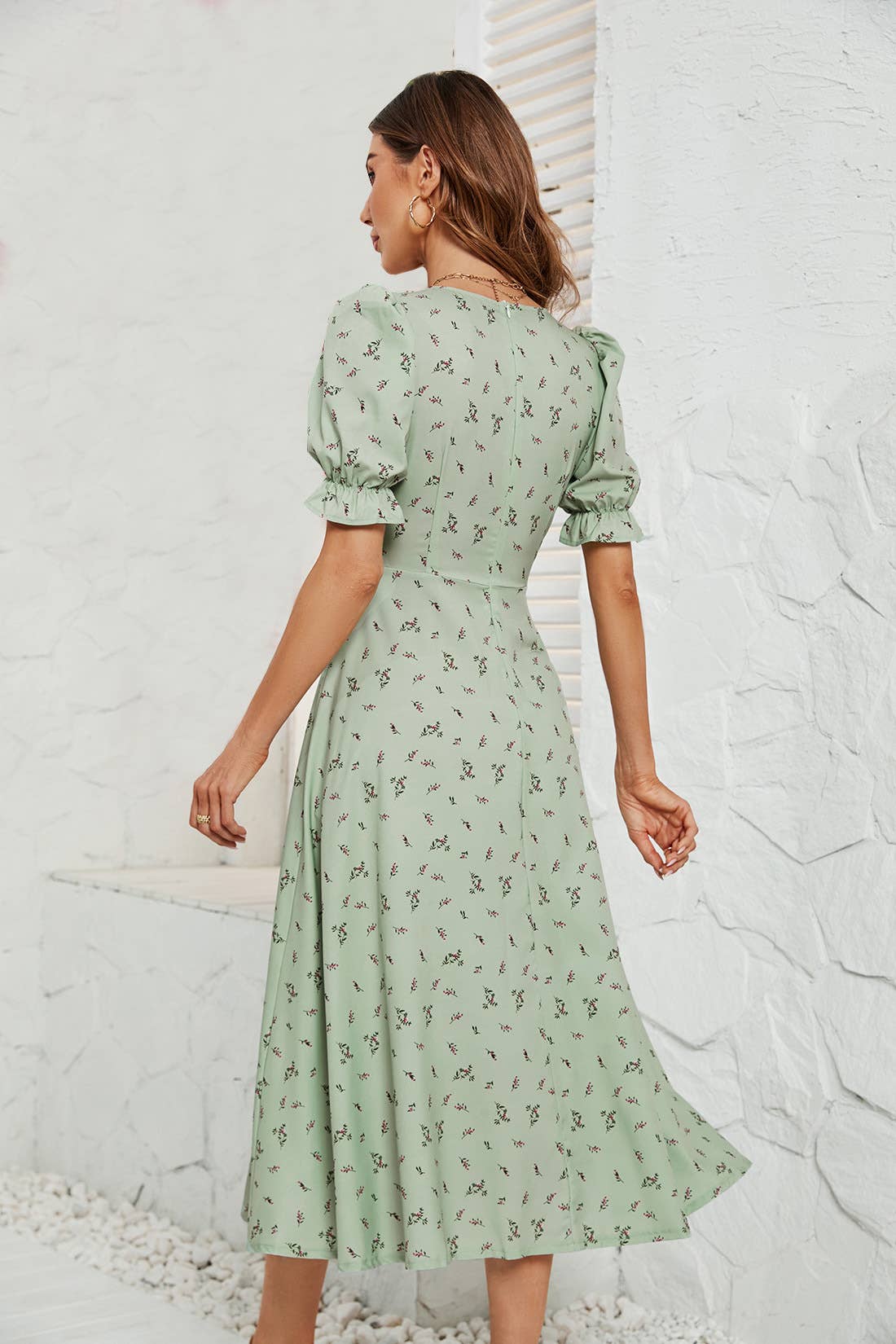 FLORAL DRESS WITH PRINTED BUTTON WAIST