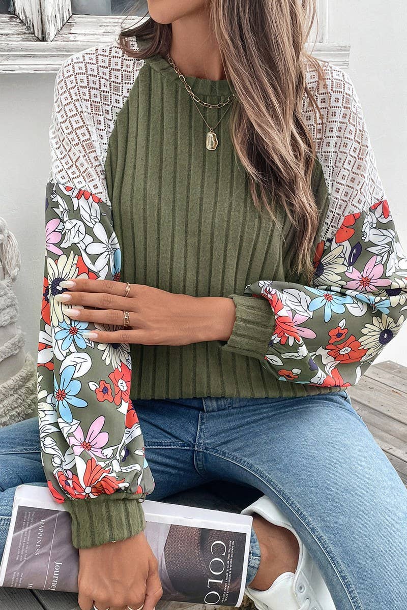 CWOSWL6839_NEW ROUND NECK FLORAL PATTERN COLORBLOCK SWEATER