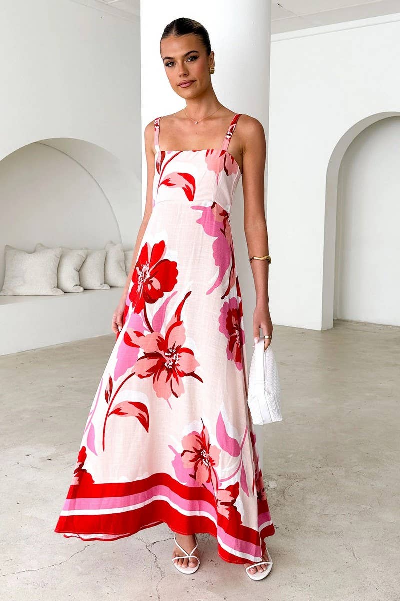 CWDHL1007_NEW SUMMER PRINTED SUSPENDER DRESS