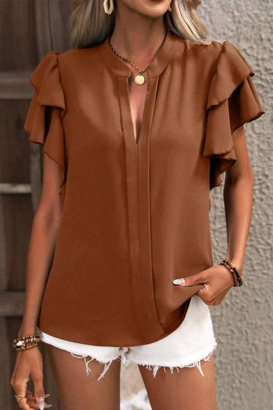 CWTSTS0666_SUMMER V-NECK CASUAL RUFFLE SLEEVE SHIRT