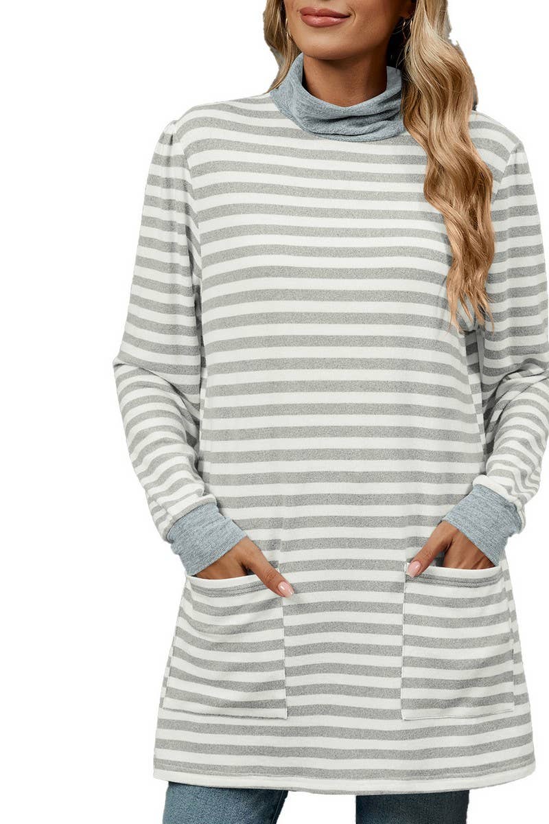 CWTBLL2357_HALF TURTLENECK STRIPED KNITTED LONG SLEEVE TOP