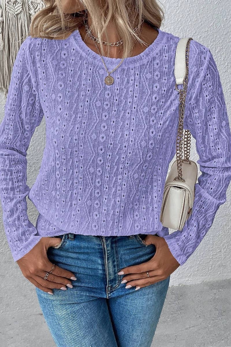 CWTBLL2478_CREW-NECK LONG SLEEVE JACQUARD LACE TOP
