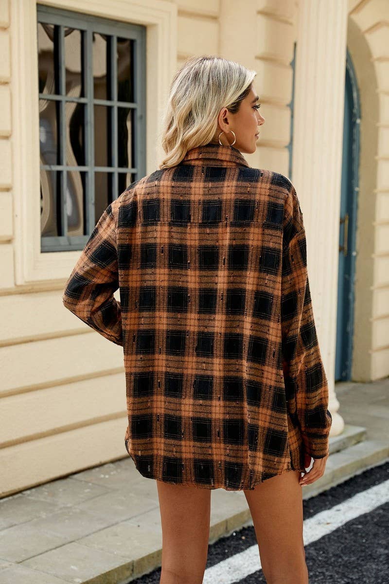 CWTSTL2063_CROCHET LONG-SLEEVED LOOSE LAPEL PLAID SHIRT