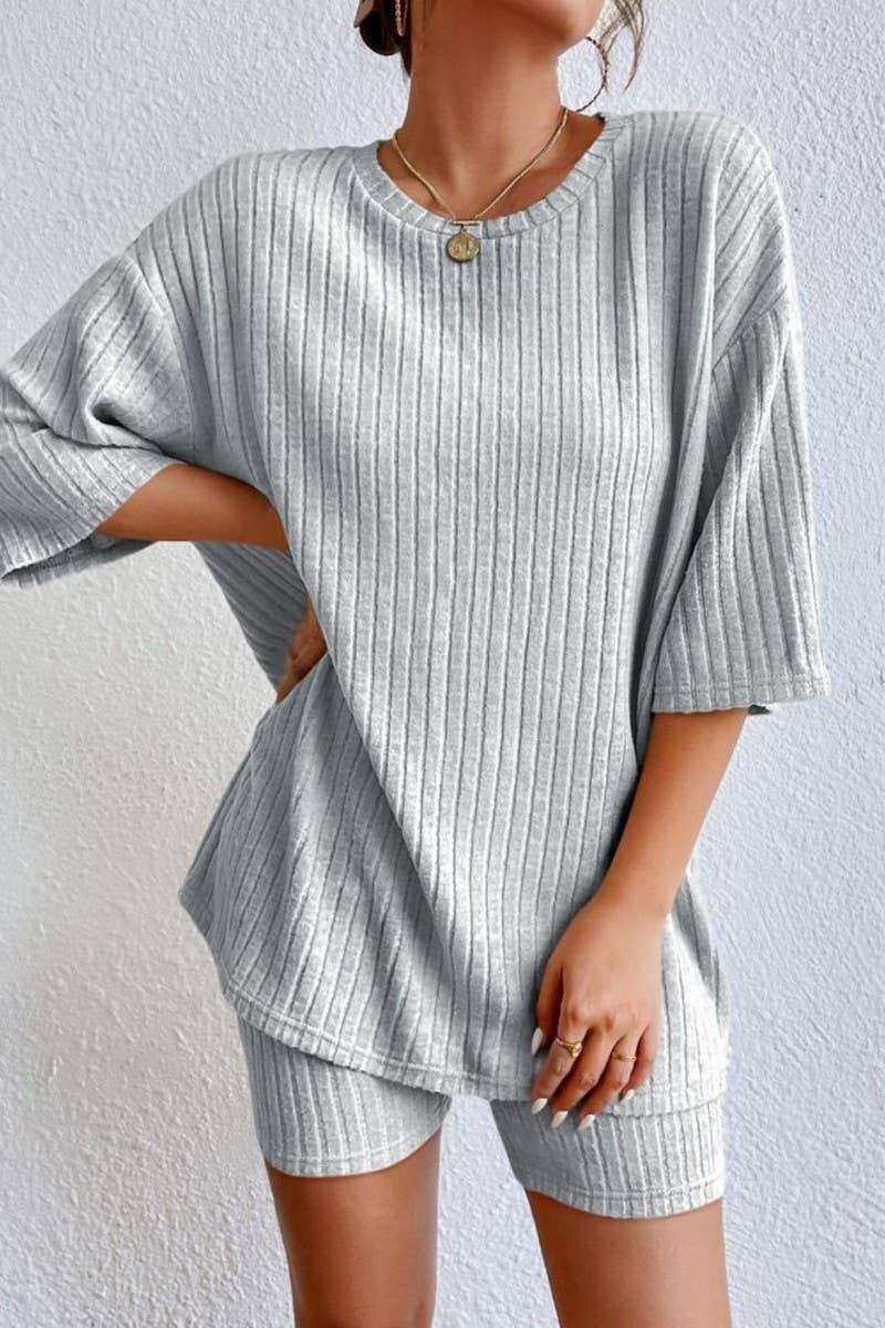 CWSTB1361_SOLID COLOR ROUND NECK LOOSE TOP AND SHORTS SET