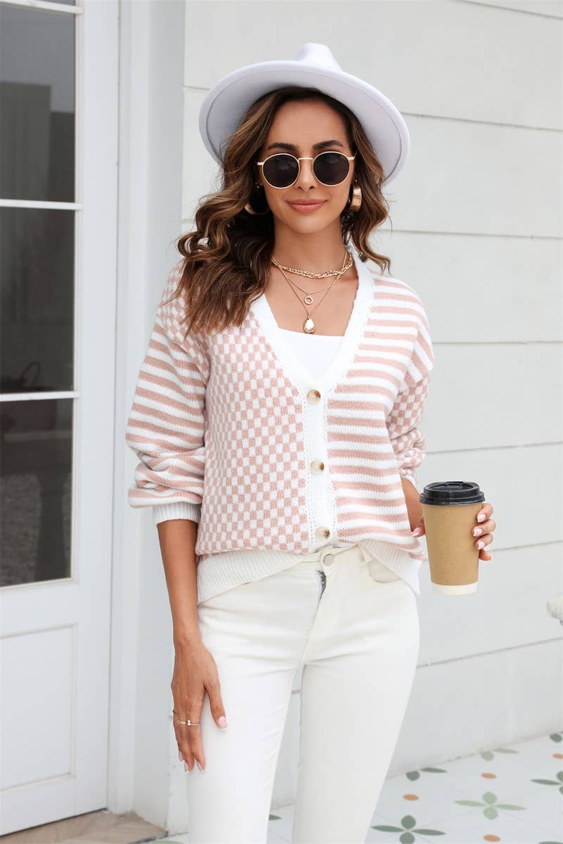 CWOSWL1679_Button Down Sleeve  V-Neck Cardigan Sweater