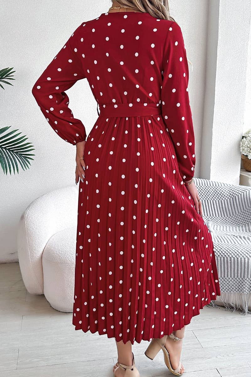 CWDMD3946_FALL V-NECK POLKA-DOT PLEATED LACE-UP DRESS