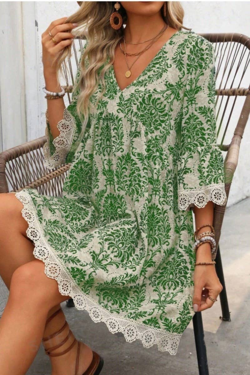 CWDSD8526_FLORAL PRINT V-NECK LACE TRIM 3/4 SLEEVE DRESS
