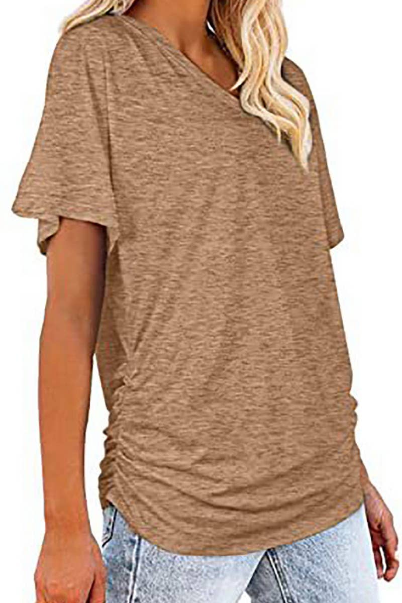 CWTTS1178_V-NECK SOLID COLOR CASUAL LOOSE TOP