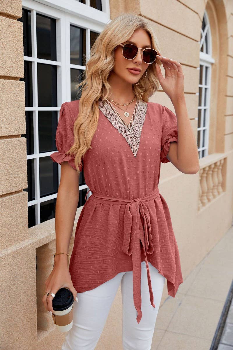 CWTBLS0445_V-Neck Short Sleeve Lace Trim Top