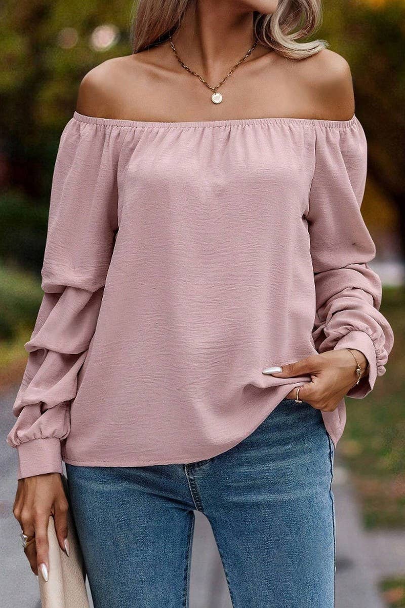 CWTBLL4006_SOLID OFF SHOULDER KNOT SLEEVE LONG SLEEVE SHIRT
