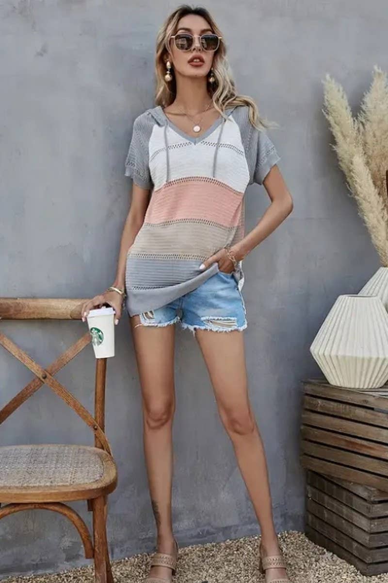 CWTTS1304_SPRING AND SUMMER STRIPED HOODED T-SHIRT