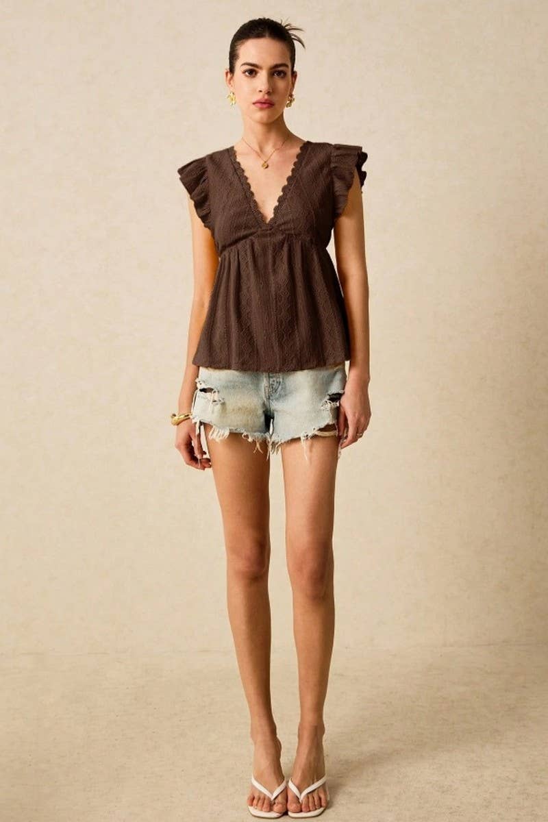 CWTBLSL0964_EYELET V-NECK RUFFLE SLEEVE LACE TRIM TEE