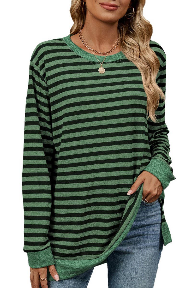 CWTBLL2354_ROUND NECK STRIPED COLORBLOCK LOOSE T-SHIRT TOP