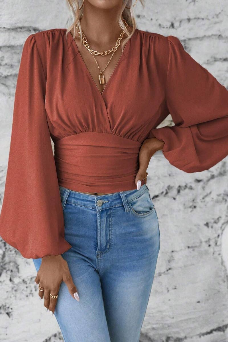 CWTBLL2548_AUTUMN V-NECK WAIST LONG SLEEVE WAIST TOP