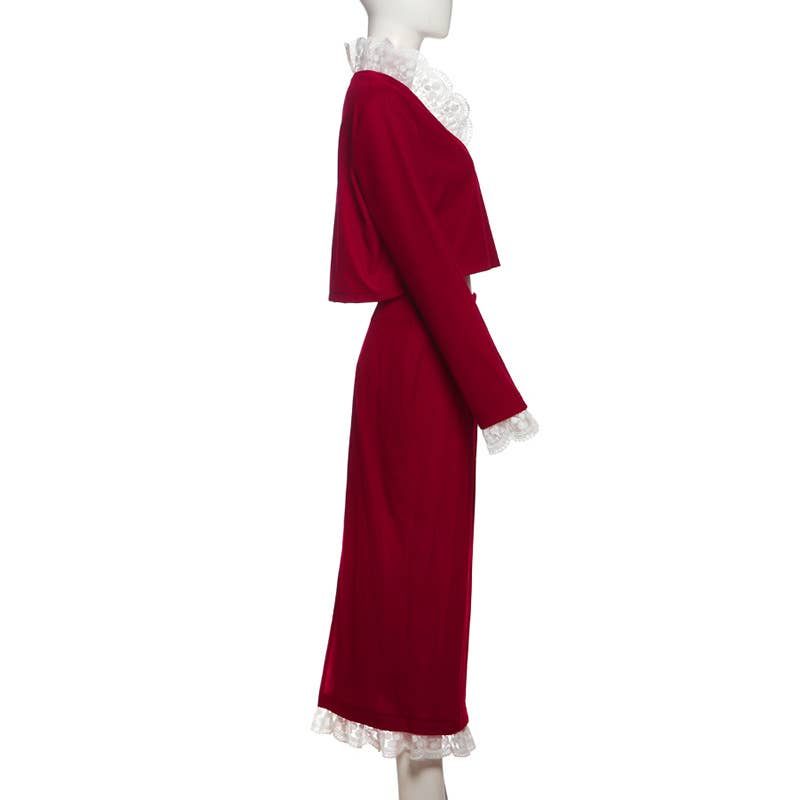 DEEP V LACE PATCHWORK CROP TOP SPLIT SKIRT SET