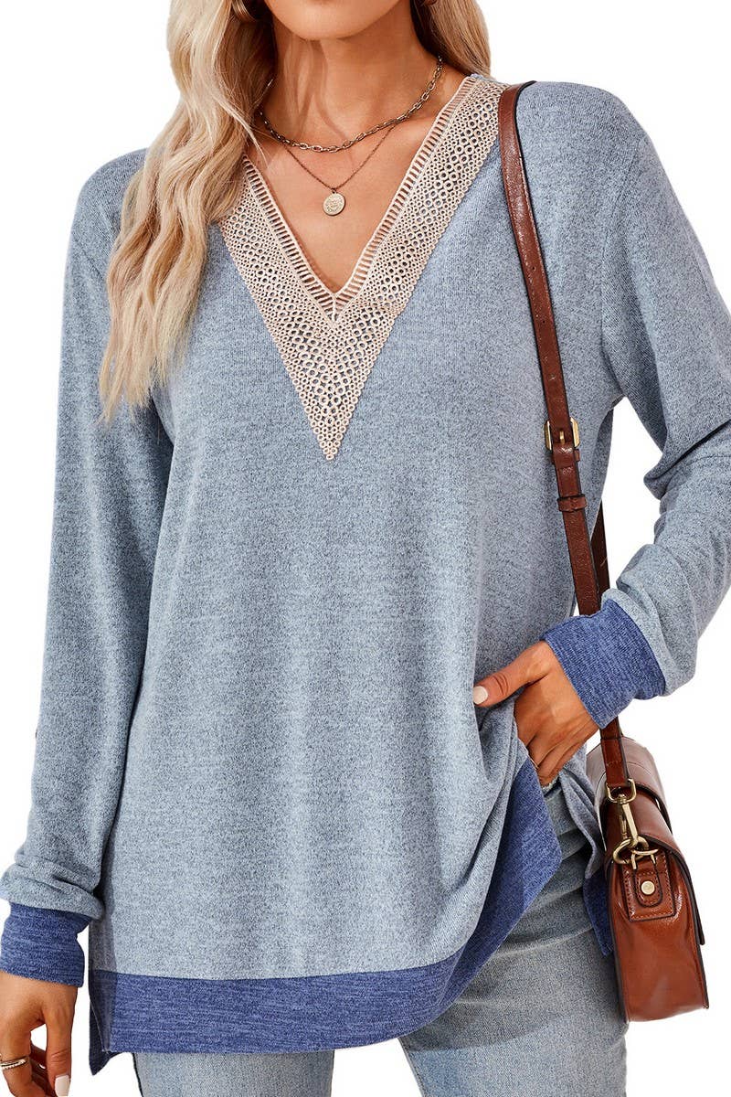 CWTBLL3660_AUTUMN NEW V-NECK LACE SOLID COLOR LOOSE T-SHIRT