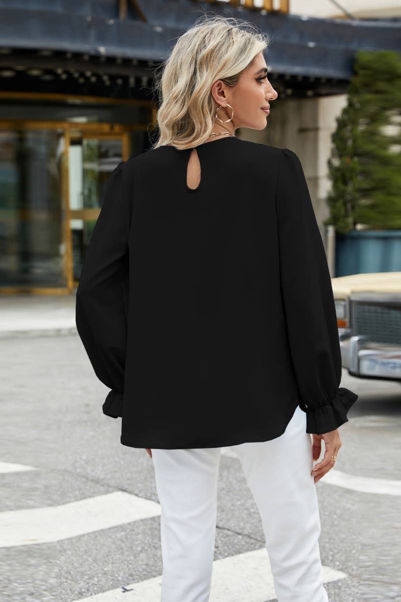 CWTBLL2939_SPRING AUTUMN SOLID COLOR CHIFFON LONG SLEEVE TOP