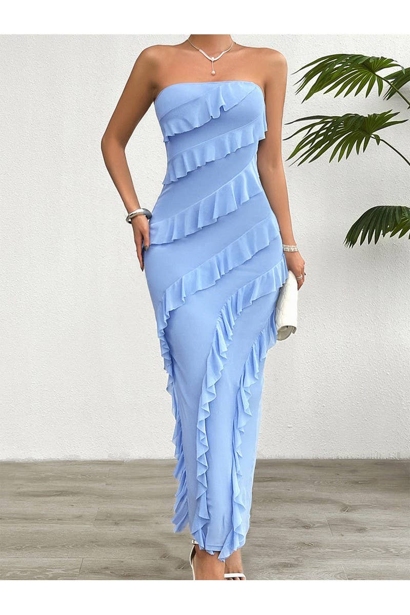 CWDMD2400_Sexy Strapless Backless Split Ruffle Dress