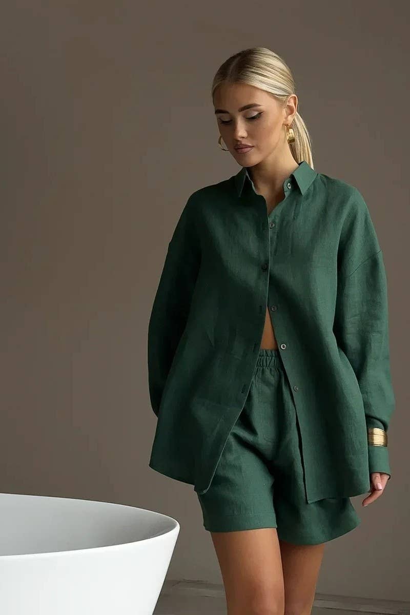 CWSTB00383_COTTON CARDIGAN LONG SLEEVE SHORTS SET