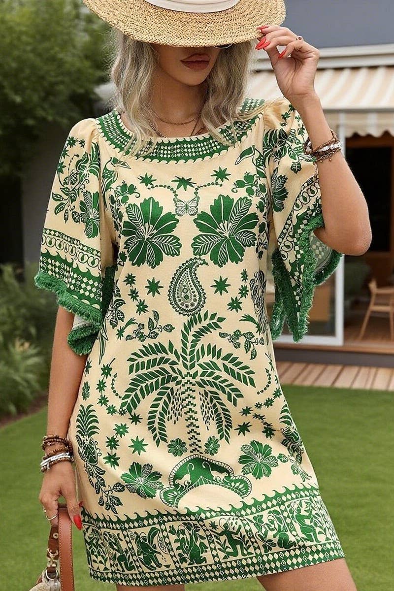 CWDSD8847_BOHO PLACEMENT PRINT TASSEL SLEEVE DRESS