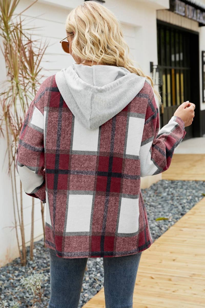 CWTSTL2120_HOODED PLAID LONG-SLEEVED WOOLEN SHIRT JACKET