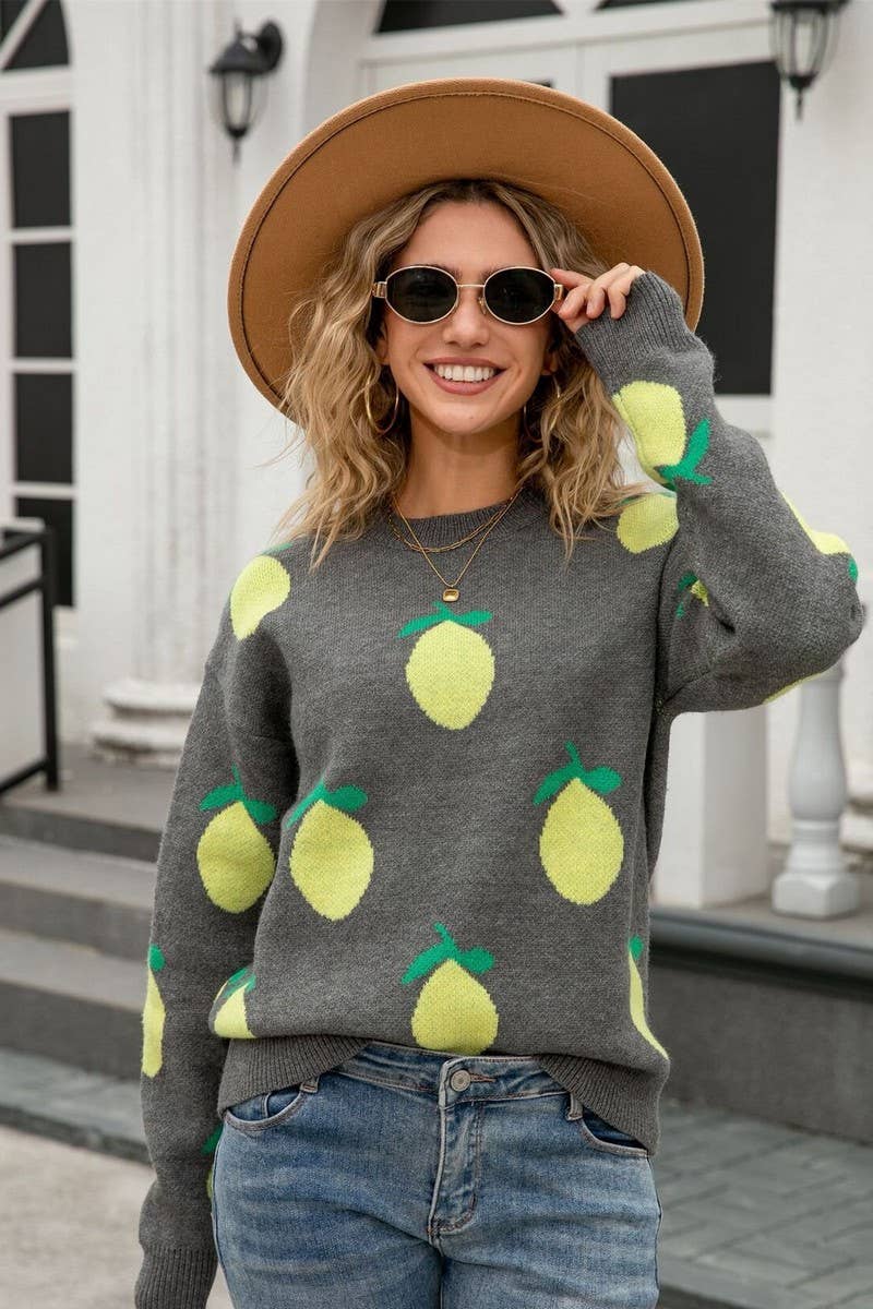 CWOSWL07604_LOOSE LEMON PRINT CREWNECK KNIT TOP