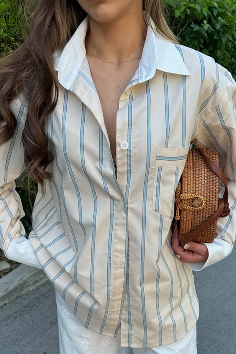 CWTBLL00623_VERTICAL STRIPED CREAM CASUAL LONG-SLEEVED SHIRT
