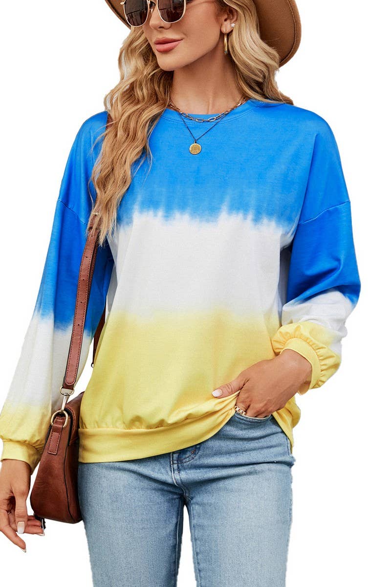 CWTBLL2414_TIE-DYE CONTRAST COLOR CREW NECK LONG SLEEVE TOP
