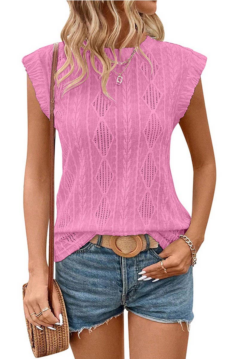 CWTBLS1615_ROUND NECK JACQUARD LOOSE T-SHIRT VEST