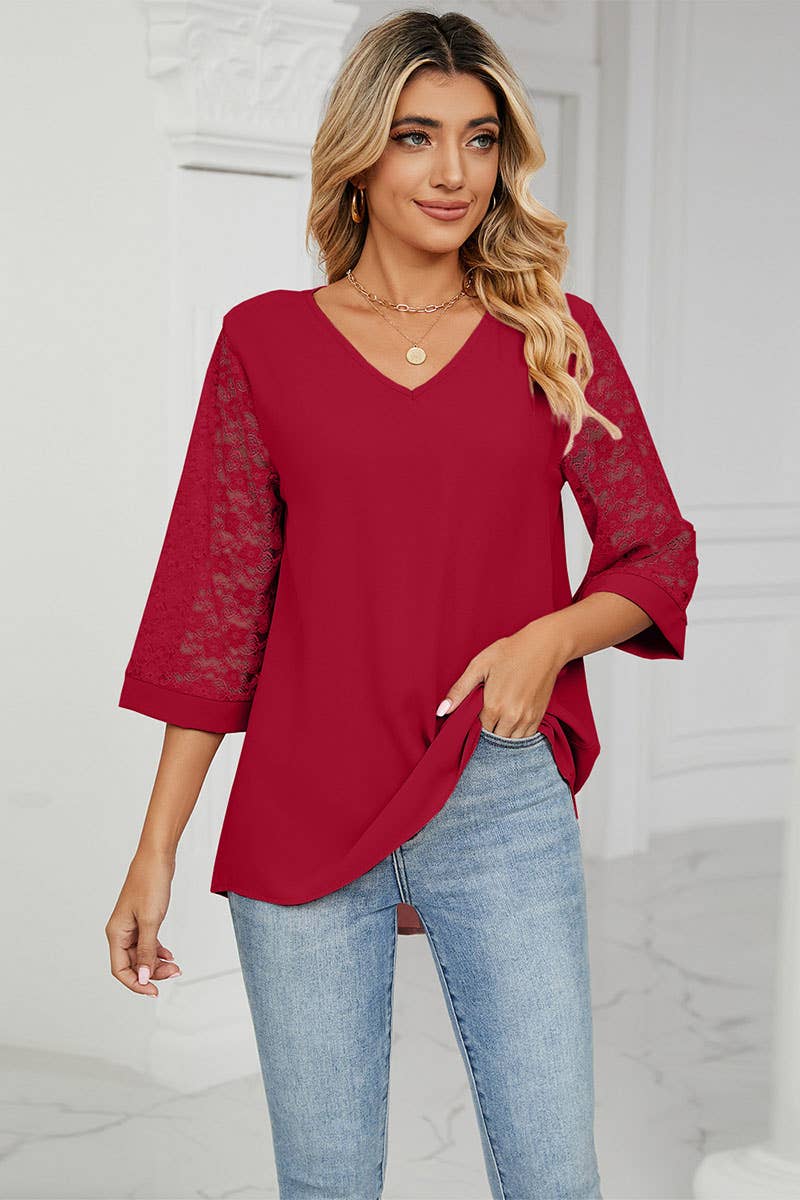 CWTBLS0303_Lace 3/4 Sleeve V-Neck  Blouse
