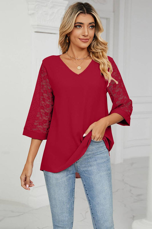 CWTBLS0303_Lace 3/4 Sleeve V-Neck  Blouse