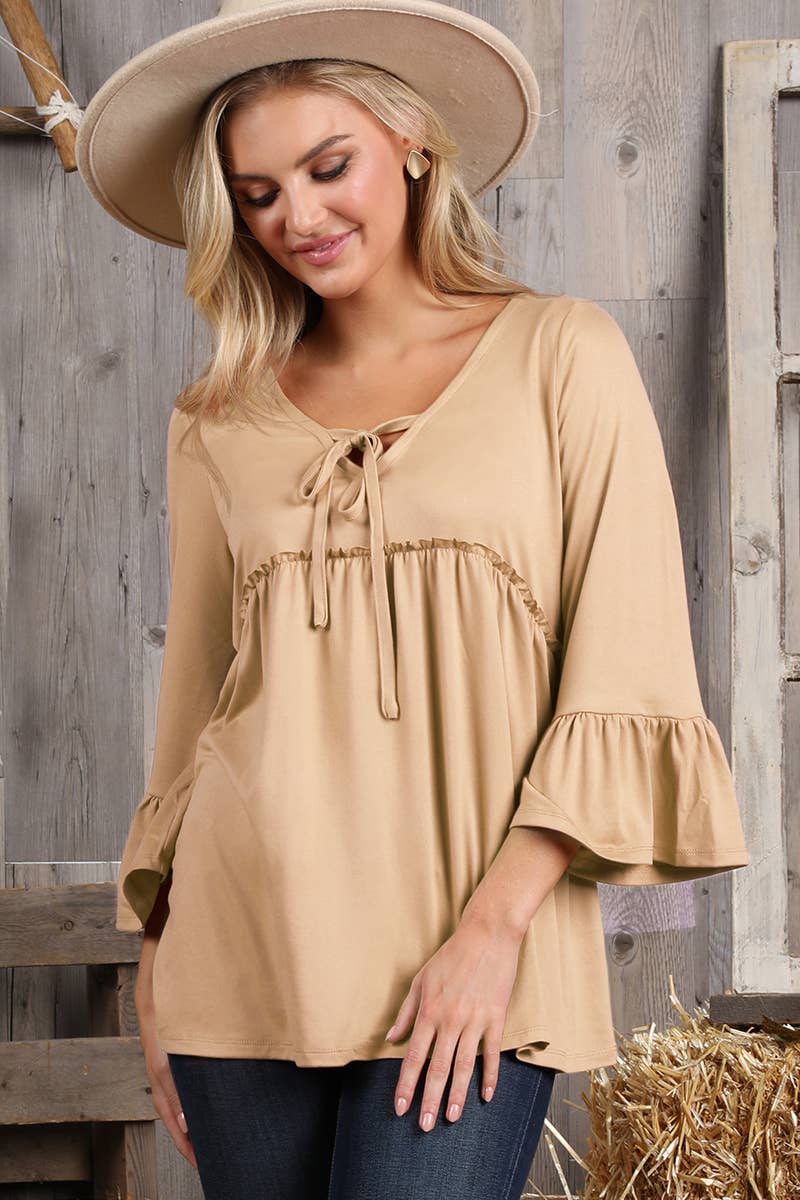 CWTTL1401-P_3/4 SLEEVE WITH NECK STRING DETAILED TOP