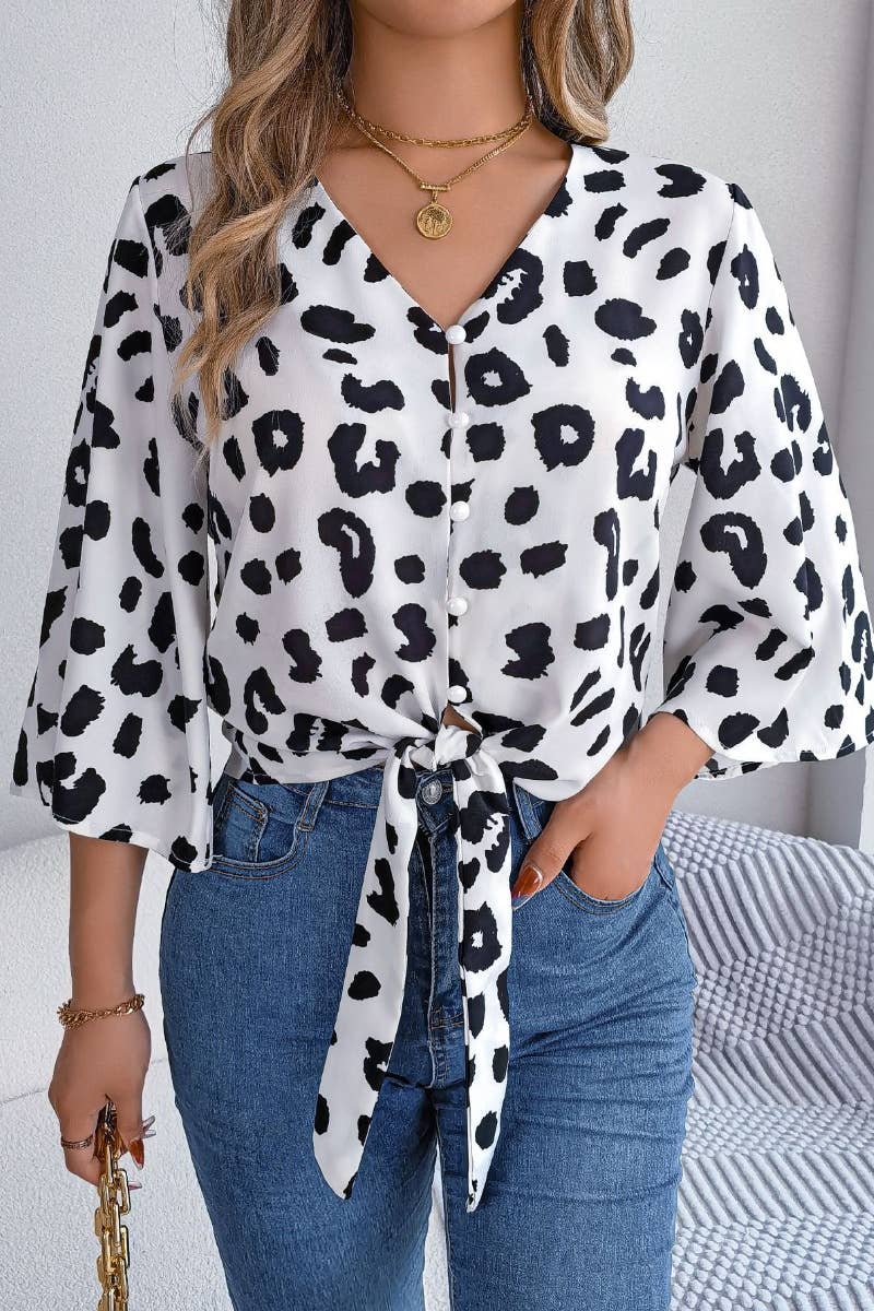 CWTSTL1203_CASUAL LEOPARD PRINT LACE-UP CHIFFON SHIRT TOP
