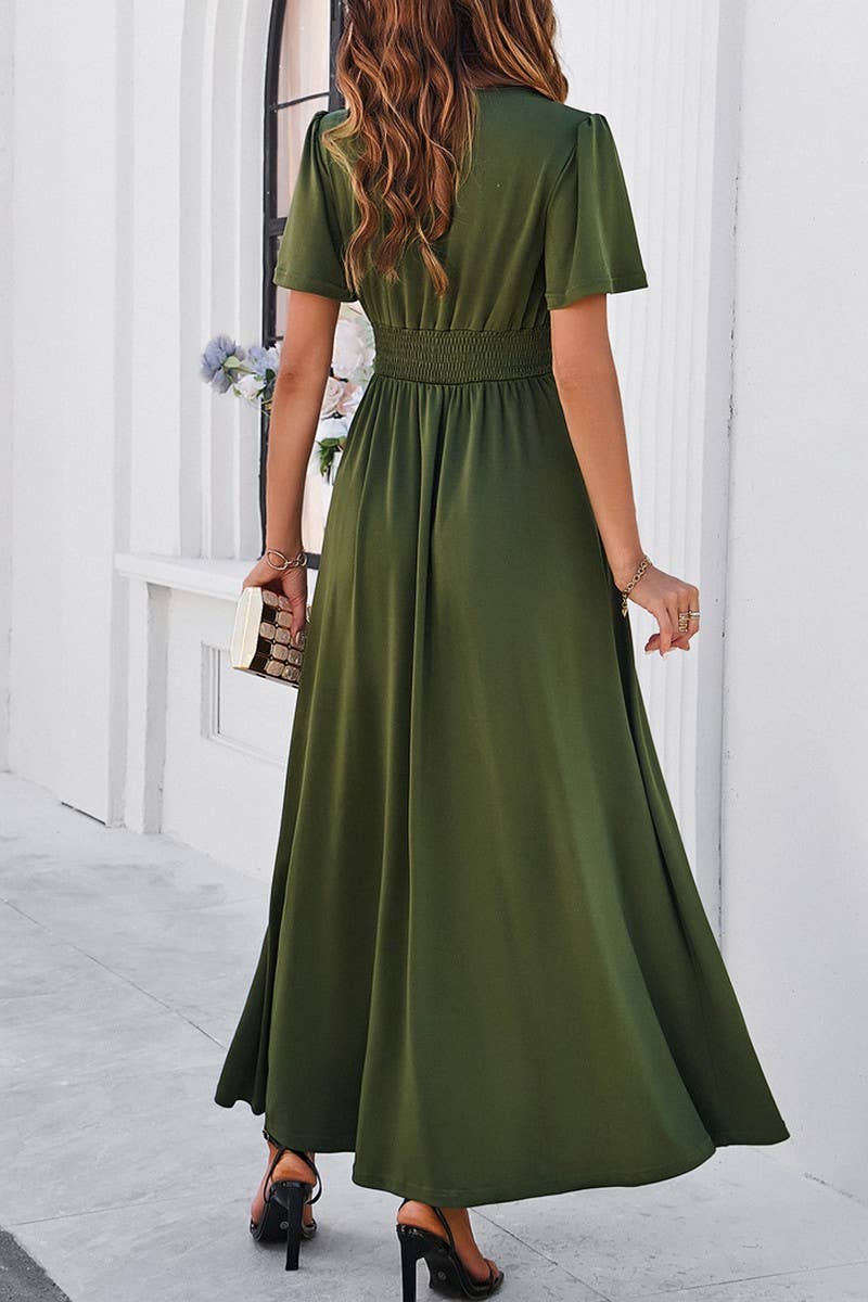 CWDMD1333_V-Neck Short Ruffle Sleeve Maxi Dress