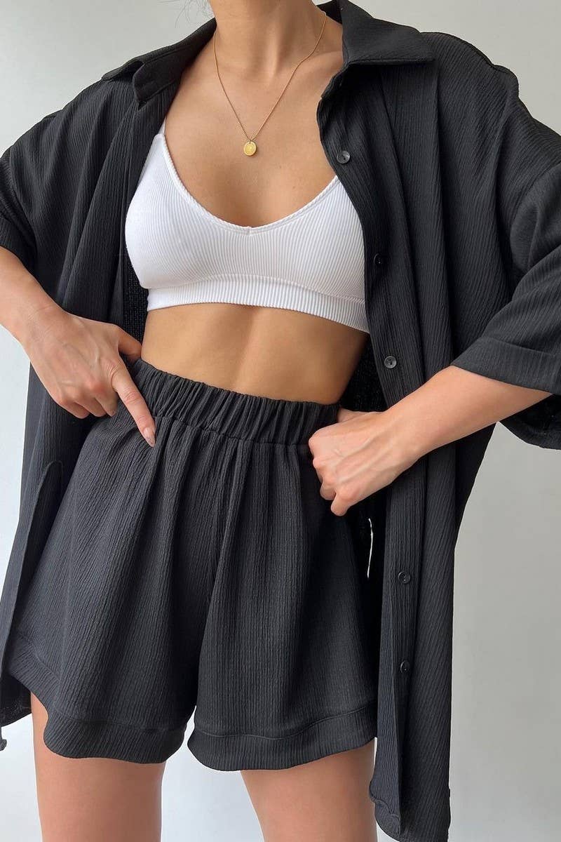 CWSTB1364_SOLID COLOR SLIT MID-SLEEVE SHIRT AND SHORTS SET