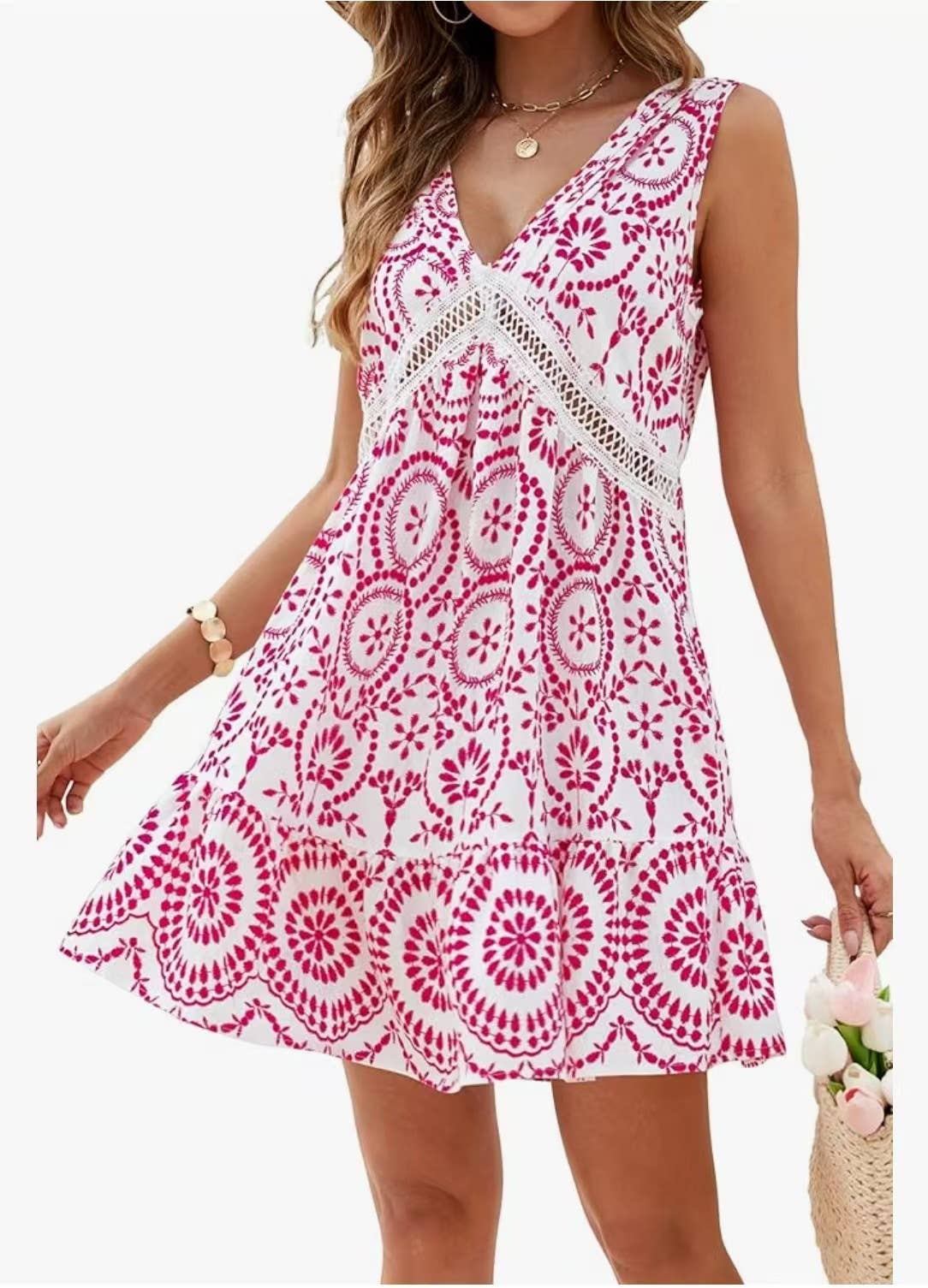 Elegant printed lace V-neck sleeveless dress