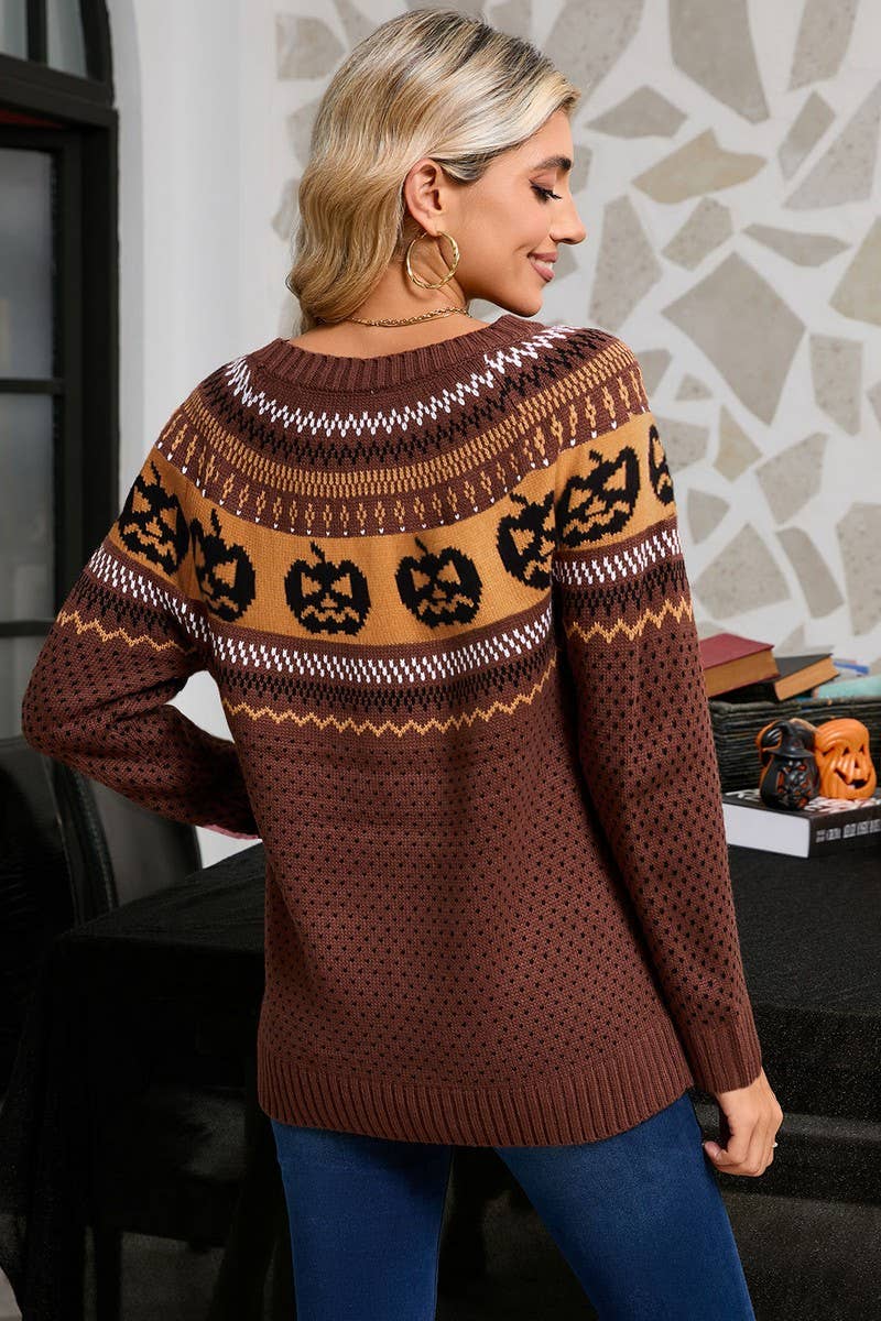 CWOSWL07354_HALLOWEEN PUMPKIN EMBROIDERED POLKA DOT SWEATER