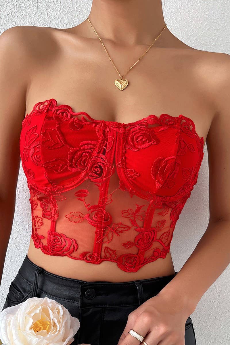 CWTTK0740_3D FLOWER STITCHED UNDERWIRE BANDEAU TANK TOP