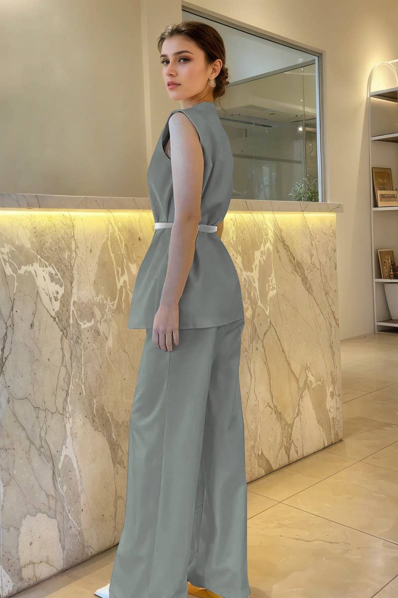 CWSTB2156_SLEEVELESS CREW NECK TOP & WIDE-LEG PANTS SET