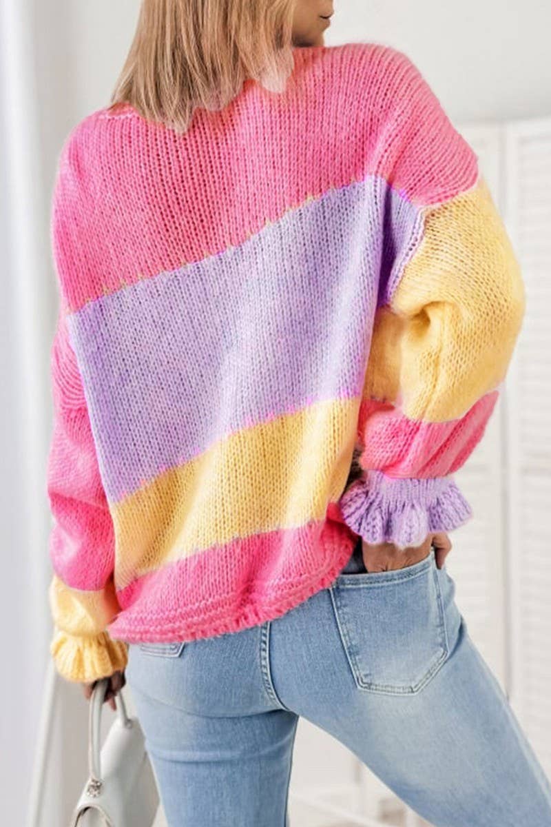 CWOCAL2362_COLORBLOCK RUFFLE EDGE LOOSE KNIT CARDIGAN