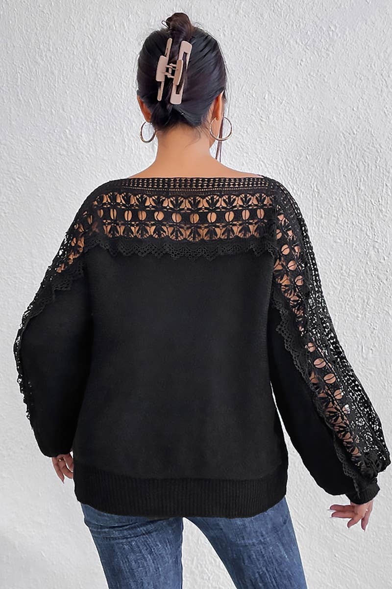 CWOSWL6726_CUT-OUT LACE LACE PATCHWORK LONG-SLEEVED SWEATER