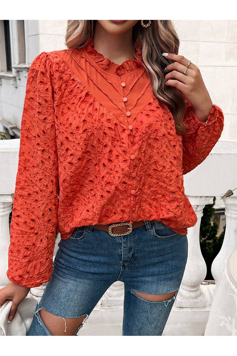 CWTBLL1140_Fashion Woven Hollow Puffy Sleeve Blouse