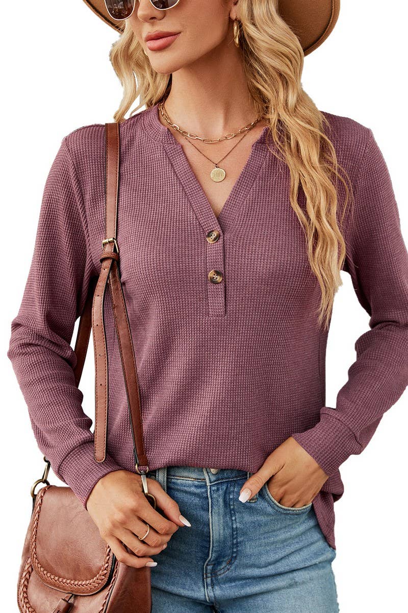 CWTBLL2416_SOLID COLOR V-NECK BUTTON LOOSE T-SHIRT TOP