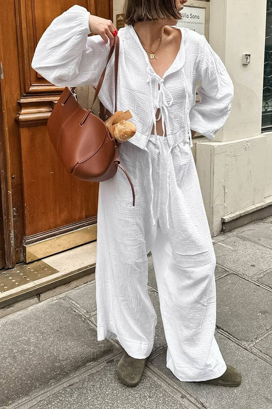 CWSPJ0095_LOOSE LACE UP LONG SLEEVED PANTS PAJAMAS SET